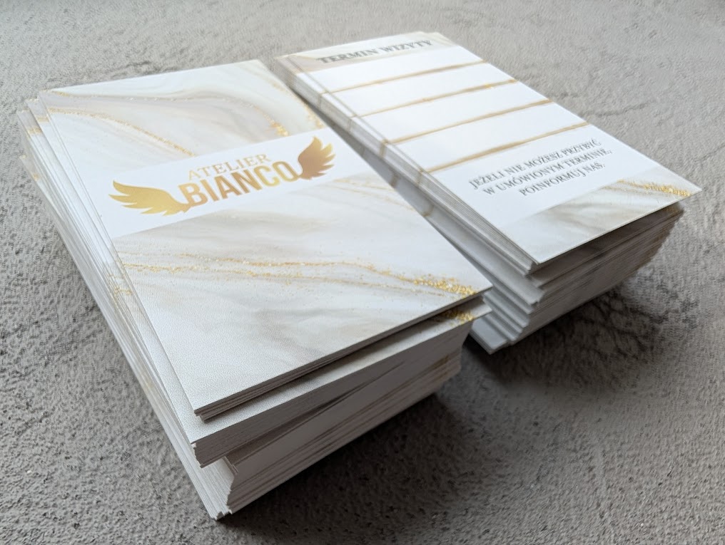 Eleganckie wizytówki Atelier Bianco wykonane przez Agencja Reklamy Gawlikowski w Radomsku.